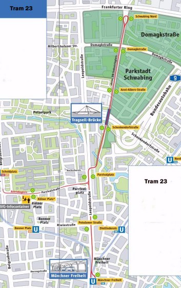 Streckenplan Tram 23
Münchner-Freiheit - Schwabing Nord
Grafik: MVG